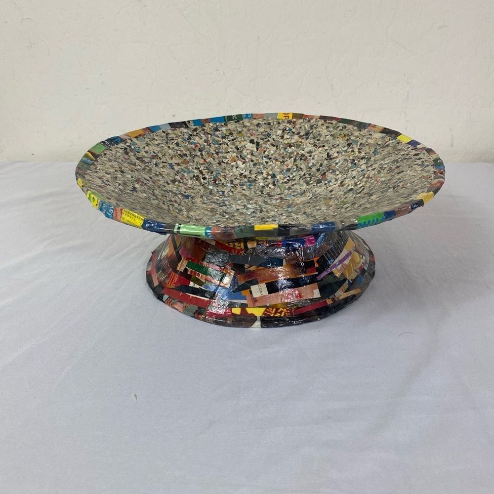 Recycled Multicolor Paper Pedestal Bowl - Eco Accent Retro Paper Machete - Picture 10 of 10